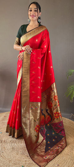 Red and Maroon color Saree in Silk fabric with Weaving, Zari work