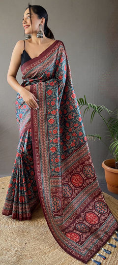 Blue color Saree in Silk fabric with Digital Print work