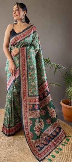 Green color Saree in Silk fabric with Digital Print work