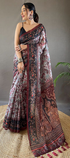 Black and Grey color Saree in Silk fabric with Digital Print work