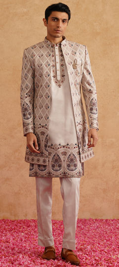 White and Off White color IndoWestern Dress in Silk fabric with Embroidered, Thread work