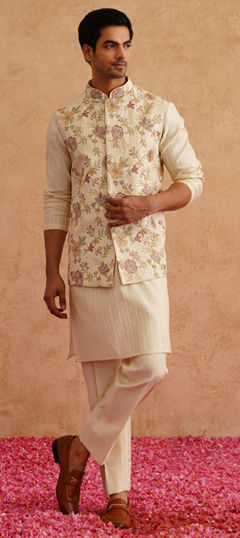 Beige and Brown color Kurta Pyjama with Jacket in Silk fabric with Embroidered, Thread work