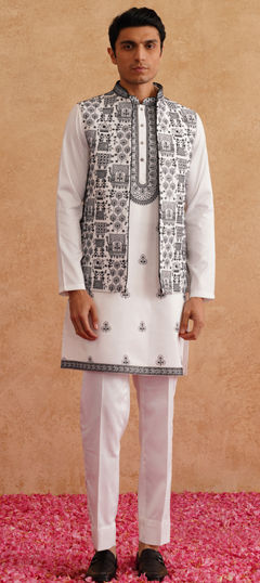 White and Off White color Kurta Pyjama with Jacket in Silk fabric with Embroidered, Thread work