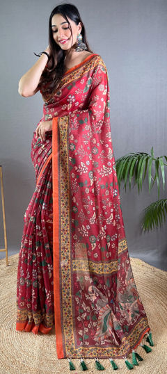 Red and Maroon color Saree in Cotton fabric with Printed work