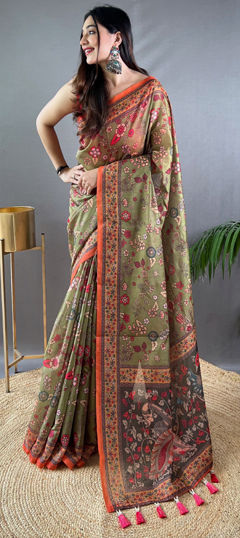 Green color Saree in Cotton fabric with Printed work