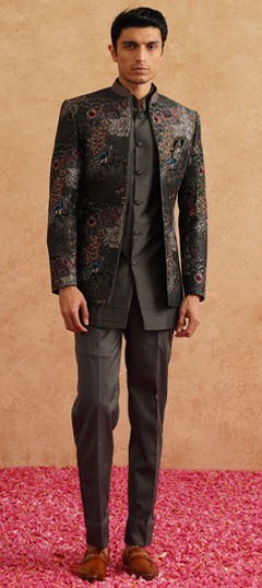 Black and Grey color IndoWestern Dress in Silk fabric with Embroidered, Thread work