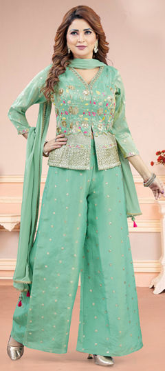 Green color Salwar Kameez in Silk fabric with Embroidered, Resham, Sequence, Thread work