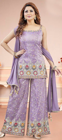 Purple and Violet color Salwar Kameez in Silk fabric with Embroidered, Resham, Sequence, Thread work
