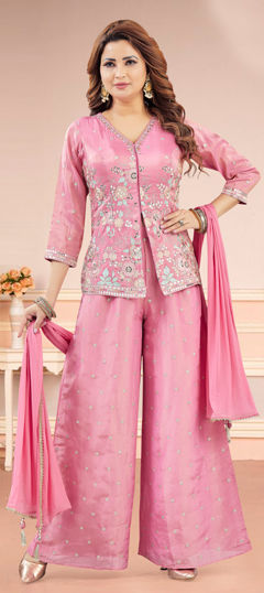 Pink and Majenta color Salwar Kameez in Silk fabric with Embroidered, Mirror, Resham, Thread work