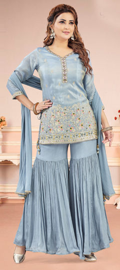 Black and Grey color Salwar Kameez in Silk fabric with Embroidered, Resham, Sequence, Thread work