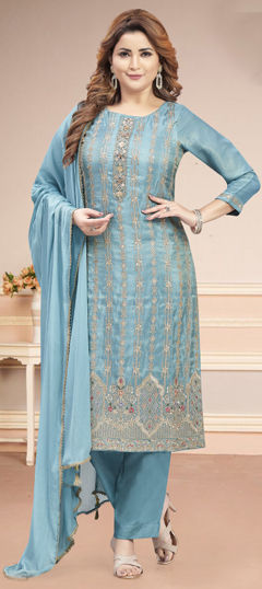 Blue color Salwar Kameez in Silk fabric with Embroidered, Resham, Thread, Zari work