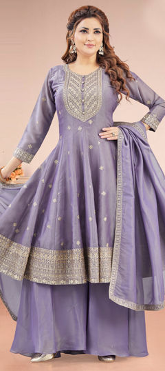 Purple and Violet color Salwar Kameez in Silk fabric with Embroidered, Sequence, Thread, Zari work
