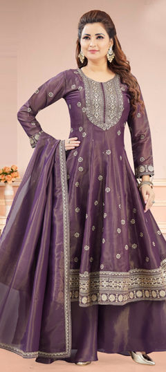 Purple and Violet color Salwar Kameez in Silk fabric with Embroidered, Sequence, Thread, Zari work