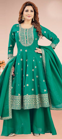 Green color Salwar Kameez in Silk fabric with Embroidered, Sequence, Thread, Zari work