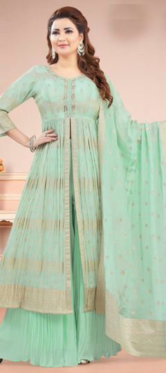 Green color Salwar Kameez in Silk fabric with Gota Patti, Thread, Weaving work