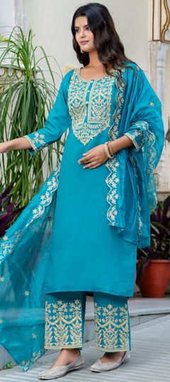 Blue color Salwar Kameez in Blended fabric with Embroidered, Thread, Zari work