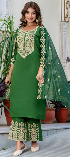 Green color Salwar Kameez in Blended fabric with Embroidered, Thread, Zari work