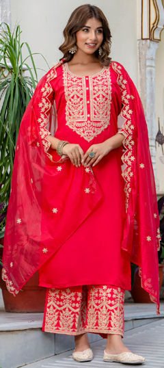 Pink and Majenta color Salwar Kameez in Blended fabric with Embroidered, Thread, Zari work