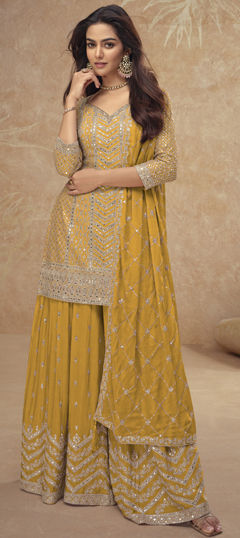 Yellow color Salwar Kameez in Silk fabric with Embroidered, Thread, Zari work