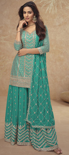 Blue color Salwar Kameez in Silk fabric with Embroidered, Thread, Zari work