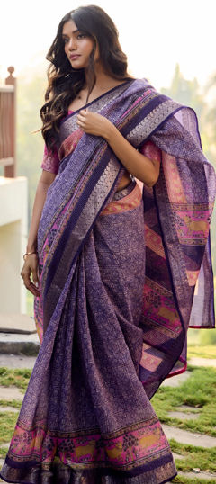 Purple and Violet color Saree in Cotton fabric with Printed, Zari work