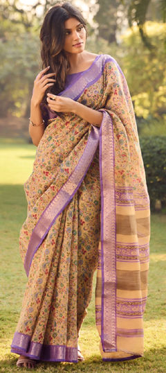 Beige and Brown color Saree in Cotton fabric with Printed, Zari work