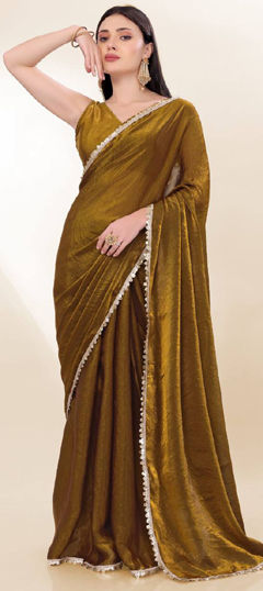 Gold color Saree in Art Silk fabric with Lace work