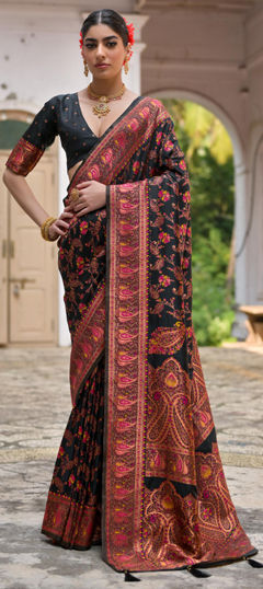 Black and Grey color Saree in Silk fabric with Printed, Weaving work