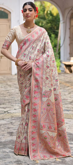 White and Off White color Saree in Silk fabric with Printed, Weaving work