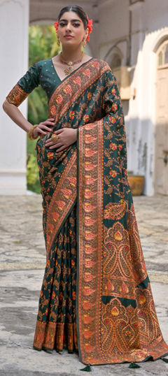 Green color Saree in Silk fabric with Printed, Weaving work