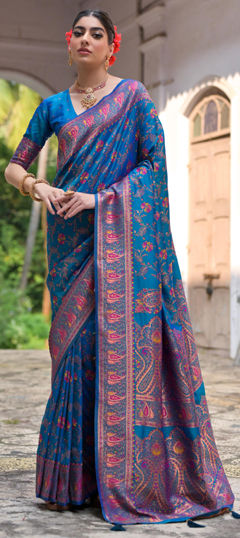 Blue color Saree in Silk fabric with Printed, Weaving work