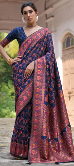 Blue color Saree in Silk fabric with Printed, Weaving work