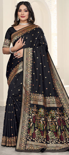 Black and Grey color Saree in Silk fabric with Weaving, Zari work