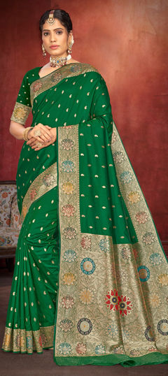 Green color Saree in Silk fabric with Weaving, Zari work