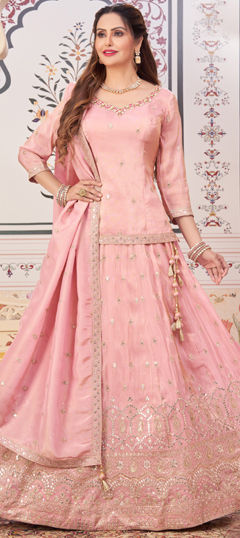 Pink and Majenta color Long Lehenga Choli in Silk fabric with Bugle Beads, Embroidered, Sequence, Thread, Zari work