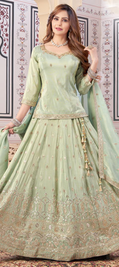 Green color Long Lehenga Choli in Silk fabric with Bugle Beads, Embroidered, Sequence, Thread, Zari work