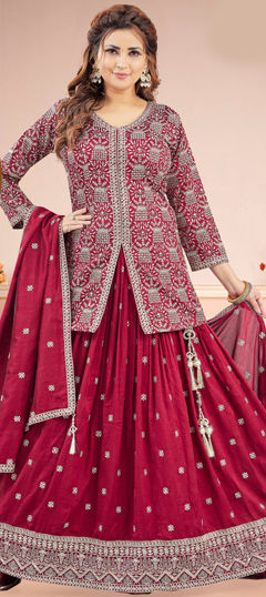 Orange color Long Lehenga Choli in Silk fabric with Embroidered, Thread, Zari work