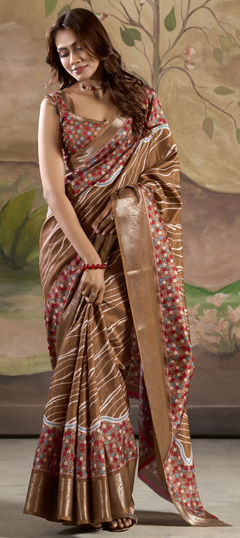 Beige and Brown color Saree in Art Silk fabric with Printed, Weaving work