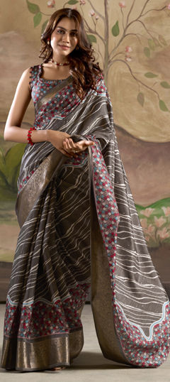 Black and Grey color Saree in Art Silk fabric with Printed, Weaving work