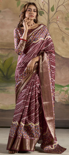 Red and Maroon color Saree in Art Silk fabric with Printed, Weaving work