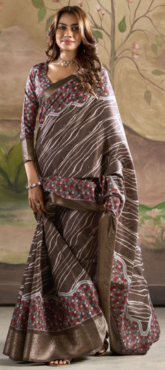 Beige and Brown color Saree in Art Silk fabric with Printed, Weaving work