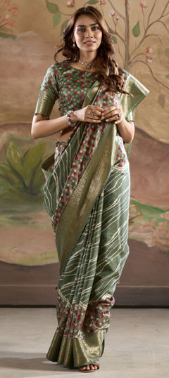 Green color Saree in Art Silk fabric with Printed, Weaving work