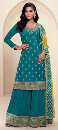 Blue color Salwar Kameez in Silk fabric with Embroidered, Thread work