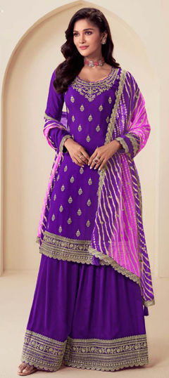 Purple and Violet color Salwar Kameez in Silk fabric with Embroidered, Thread work