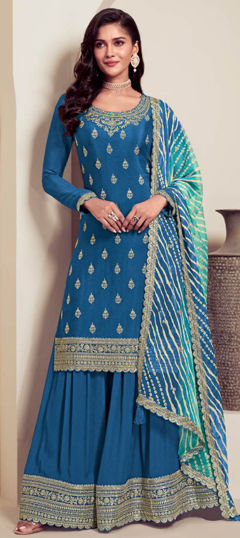 Blue color Salwar Kameez in Silk fabric with Embroidered, Thread work