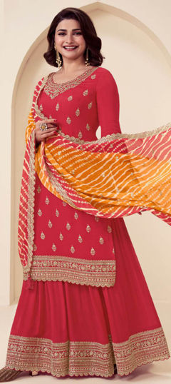 Red and Maroon color Salwar Kameez in Silk fabric with Embroidered, Thread work