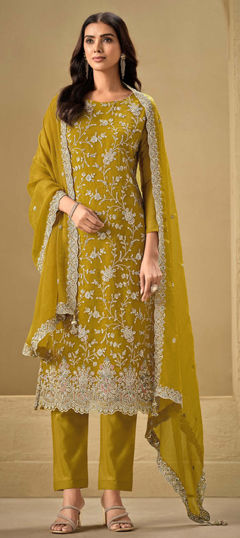 Yellow color Salwar Kameez in Art Silk fabric with Embroidered, Sequence, Thread work