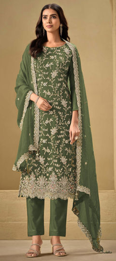 Green color Salwar Kameez in Art Silk fabric with Embroidered, Sequence, Thread work