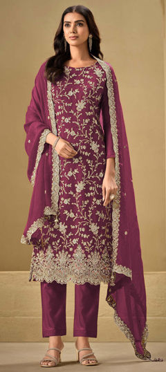 Red and Maroon color Salwar Kameez in Art Silk fabric with Embroidered, Sequence, Thread work