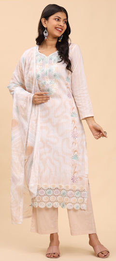 Beige and Brown color Salwar Kameez in Cotton fabric with Embroidered, Resham, Thread work